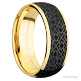 8 mm wide/Domed/14K Yellow Gold band with one 6 mm Centered inlay of Zirconium with a laser carved Trellis 2 pattern